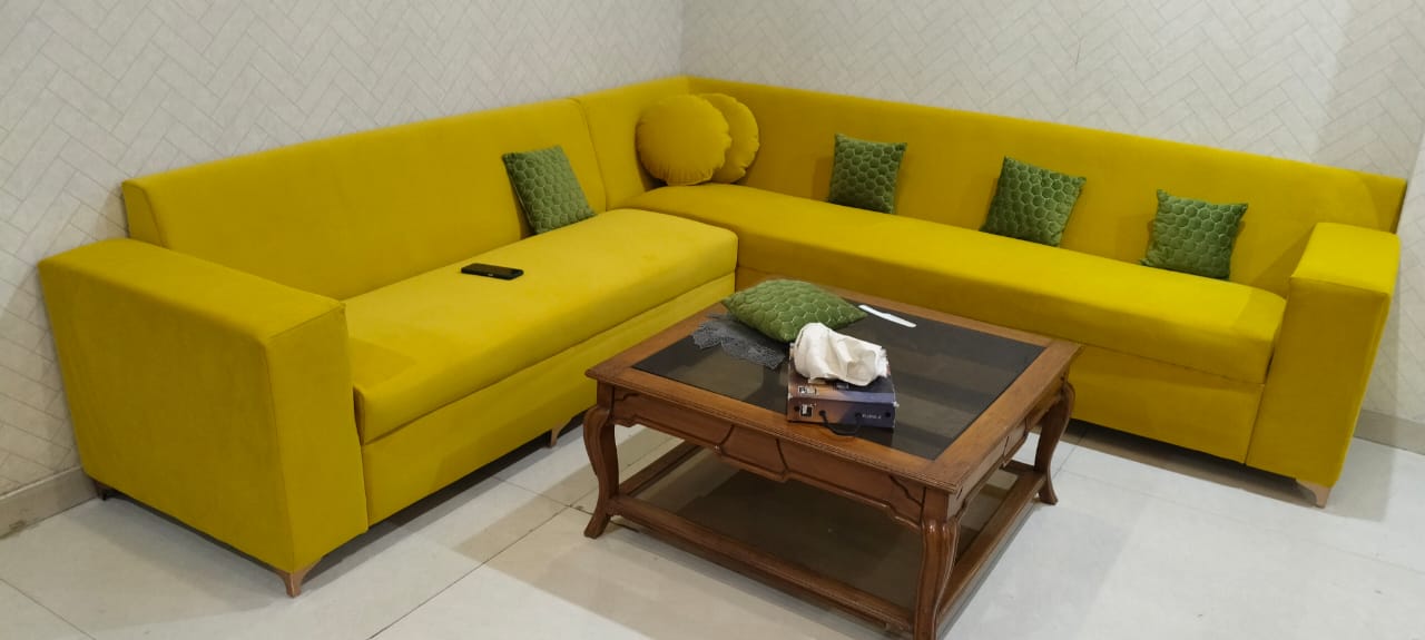 Yellow velvet corner sofa